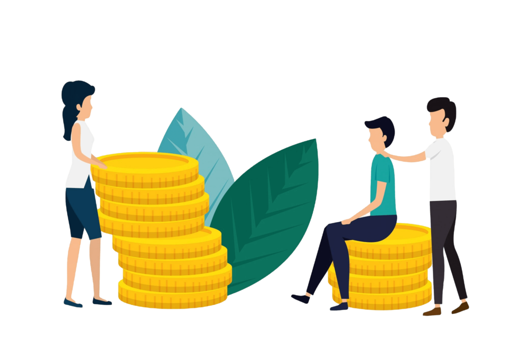 llustration eines diversen Teams, das gemeinsam an Finanzen arbeitet - Männer und Frauen sitzen auf Münzstapeln neben einem großen grünen Blatt, symbolisiert nachhaltiges Finanzwachstum durch Zusammenarbeit