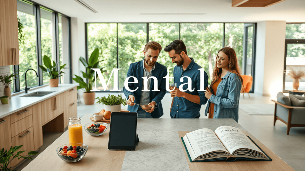Helles, modernes Küchen-Wohnzimmer mit großen Fenstern zeigt drei junge Menschen in entspannter Atmosphäre. Im Vordergrund sieht man einen Tisch mit Tablet, aufgeschlagenem Buch, frischem Orangensaft und Obst. Die Szene wird von natürlichen Pflanzen umrahmt und das Wort 'Mental' schwebt prominent im Zentrum des Bildes