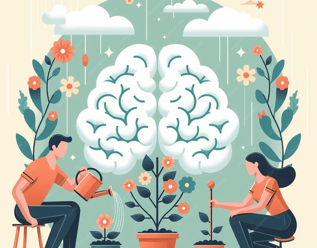 Illustrative Darstellung mentaler Gesundheit: Ein stilisiertes Gehirn als blühende Pflanze, die von zwei Menschen gepflegt wird. Der Hintergrund ist in beruhigenden Pastelltönen gehalten, mit dekorativen Blumen und Wolken, die eine harmonische Atmosphäre schaffen