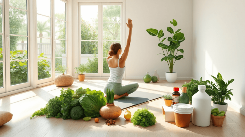 Frau praktiziert Yoga am sonnigen Morgen in einem hellen, minimalistischen Raum mit großen Fenstern, umgeben von grünen Pflanzen und gesunden Lebensmitteln. Sie sitzt auf einer Yogamatte und streckt einen Arm nach oben in einer Morgengruß-Position